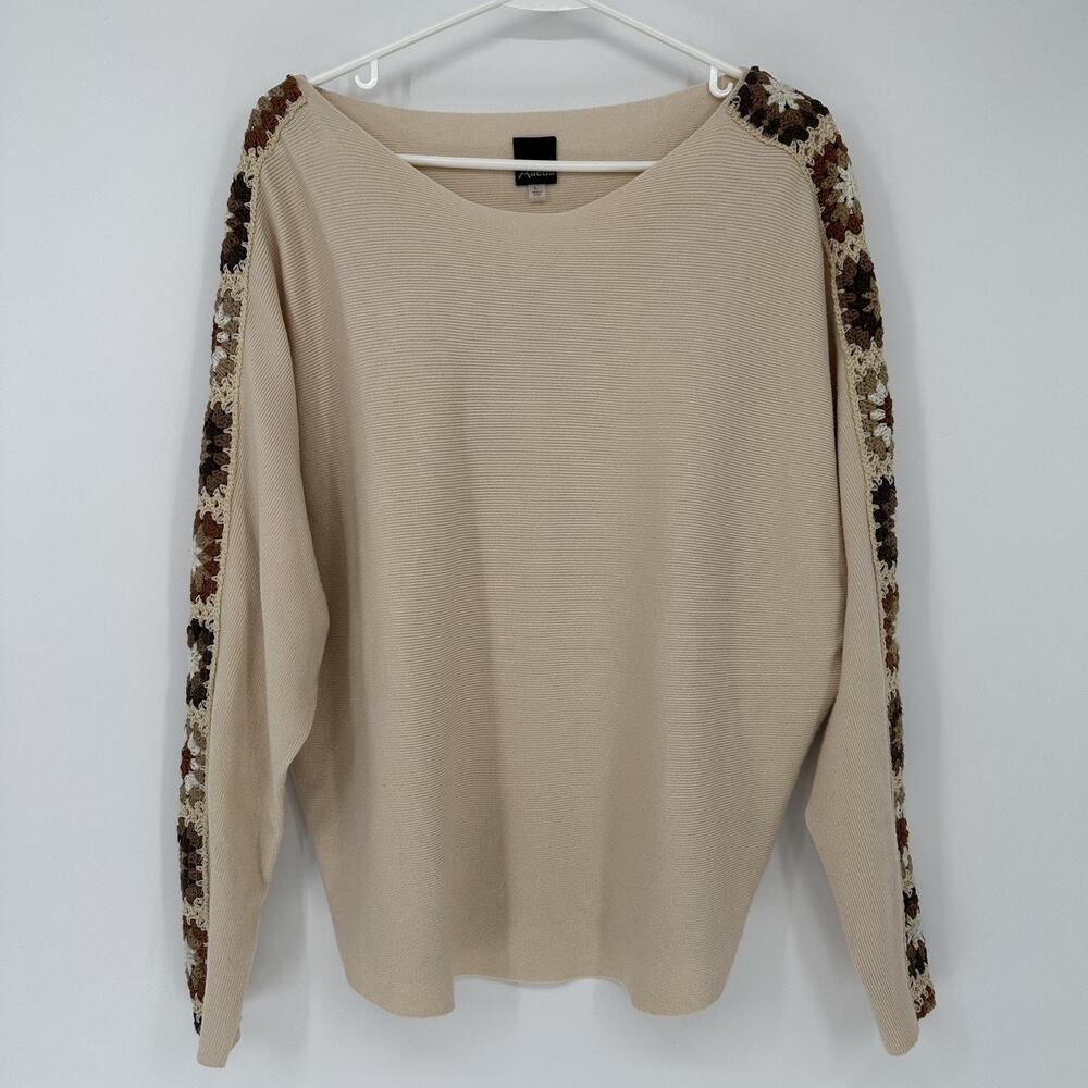 Aaeda Sweater Womens Large Beige Crochet Sleeve Dolman Knit Pullover Boho